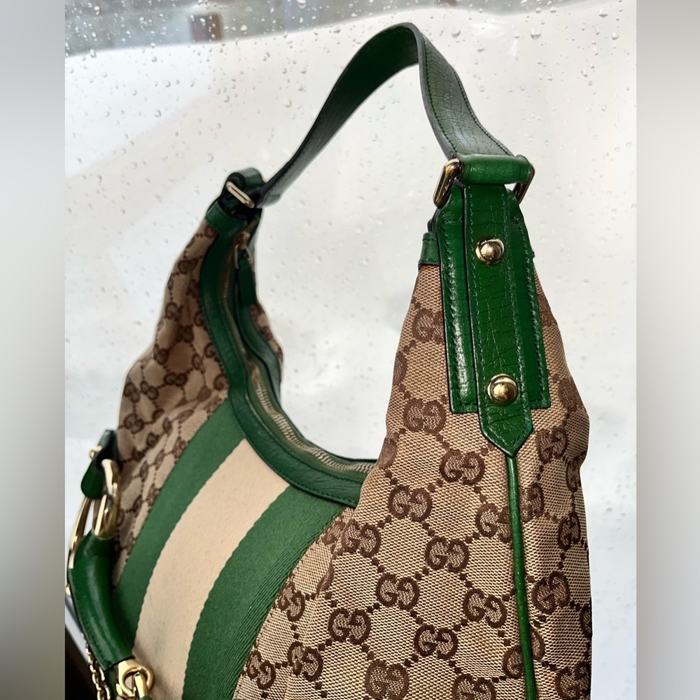 💚 Gucci: Horsebit Chain Studded Web Monogram Hobo Shoulder Bag - Picture 14 of 17